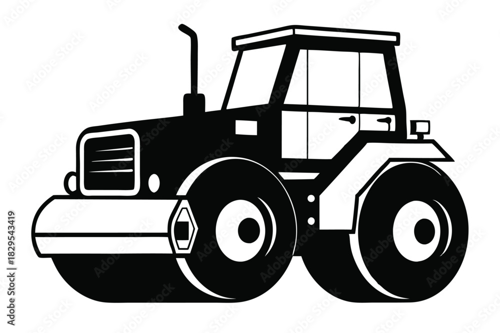Naklejka premium Black and white simple cartoon road roller silhouette stands out against the background here