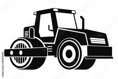 A black and white simplified vehicle steamroller or road roller is shown clearly