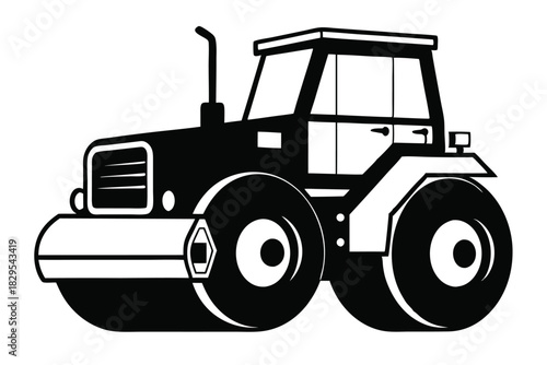 Black and white simple cartoon road roller silhouette stands out against the background here