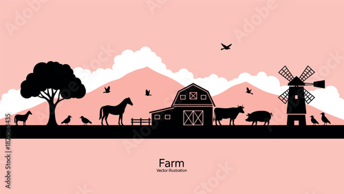 Rural Farm Scene Silhouette Vector Illustration, Barn, Windmill, and Livestock Animals at Sunset, Agriculture and Countryside Landscape Graphic Design Concept.