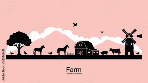 Rural Farmland Horizon Silhouette Vector, Traditional Barn, Windmill, and Livestock, Agriculture and Countryside Scene Graphic, Simple Nature Landscape Illustration.