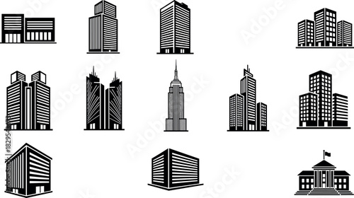 Set of Black Building Icons Representing City Skyline, Skyscraper, Real Estate, Corporate Office, Apartment, Government Institution, and Urban Architecture on White Background.