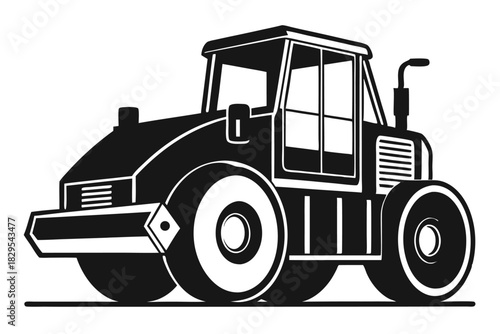 Isolated black road roller stands against a white backdrop in a monochrome tone