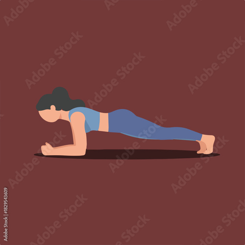 An illustration showcases a woman in a forearm plank yoga pose against a maroon backdrop, emphasizing fitness and core strength.