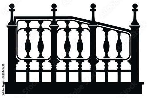The silhouette showcases an ornate balustrade with bulbous finials and delicate spindles in monochrome style