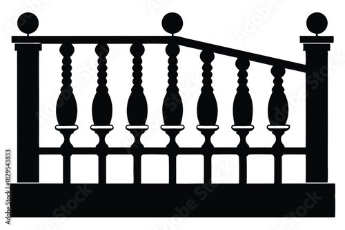 Black silhouette displays an ornate bannister and railing featuring symmetrical patterns and spherical finials