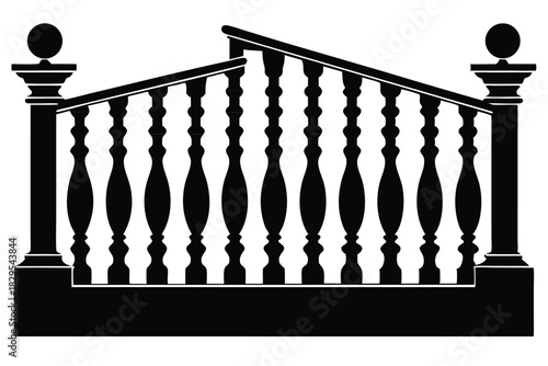 Black balustrade silhouette shows elegant staircase detail on white background offering classical refined architectural element