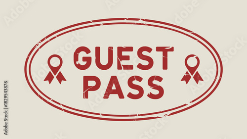 A red guest pass graphic with ribbons on either side inside an oval shape on a beige background