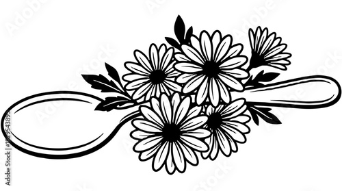 Flowers resting on a decorative spoon creating a charming and artistic arrangement vector line graphic on a transparent background 