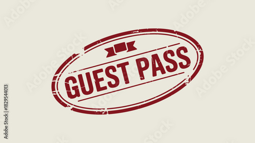 A red guest pass stamp with an oval border on a light beige background in a slightly tilted view