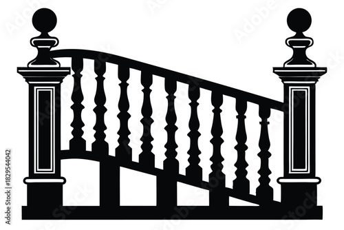 Black silhouette shows classic balustrade stairs with sphere posts against a white backdrop