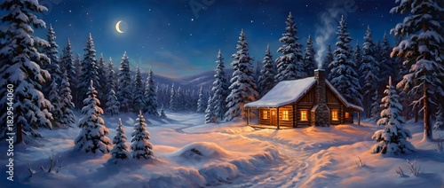 Cozy wooden cabin glowing under a starry winter night in a snow-covered pine forest. Peaceful holiday atmosphere, perfect for Christmas and winter themes.
