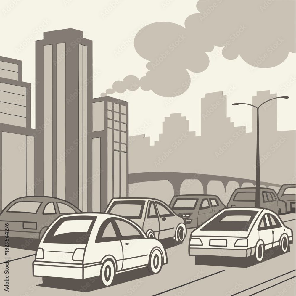 Fototapeta premium City traffic jam, thick smog, congested roads.