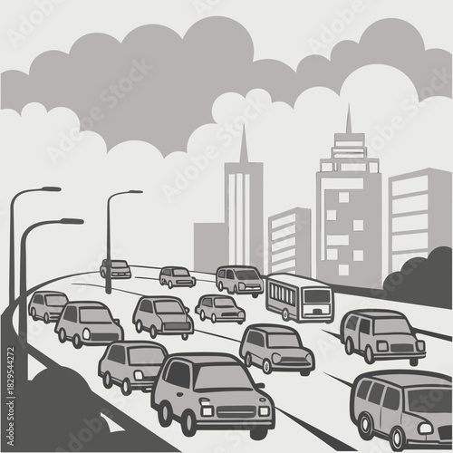 City traffic jam, thick smog, congested roads.