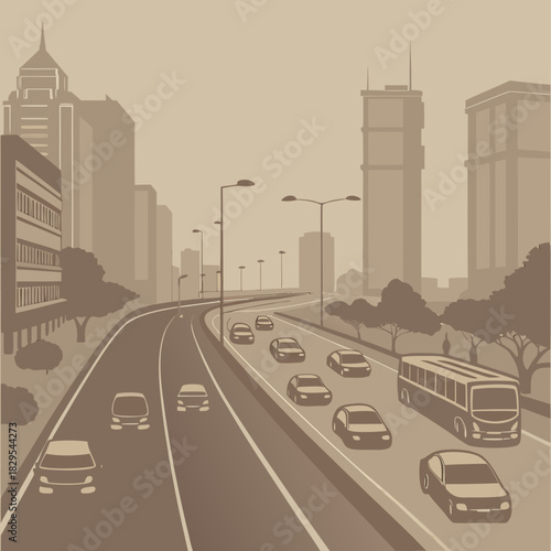 City traffic jam, thick smog, congested roads.