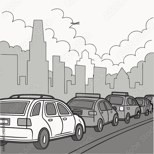 City traffic jam, thick smog, congested roads.