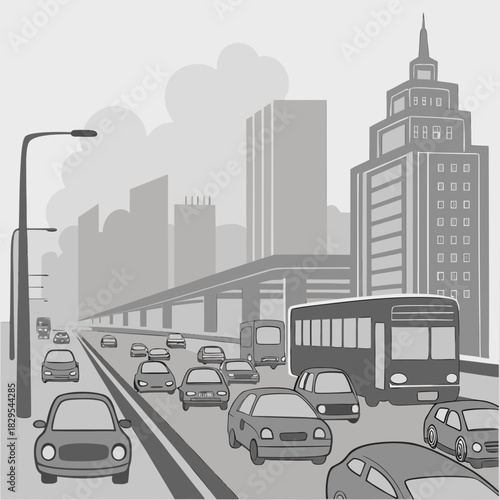 City traffic jam, thick smog, congested roads.