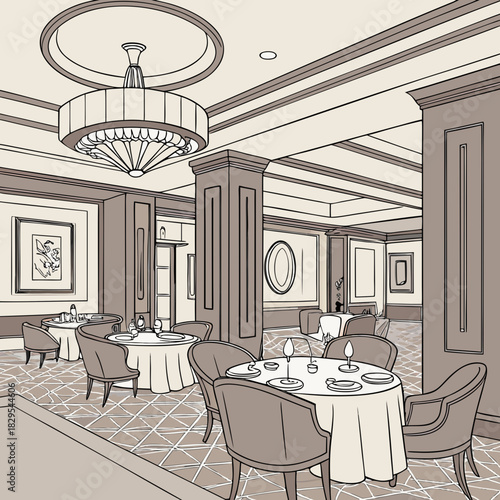 Vector illustration of an elegant, upscale restaurant interior with fancy dining tables and a chandelier.