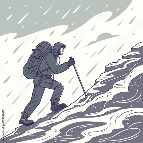 Mountaineer braves a fierce blizzard, battling snow and wind.