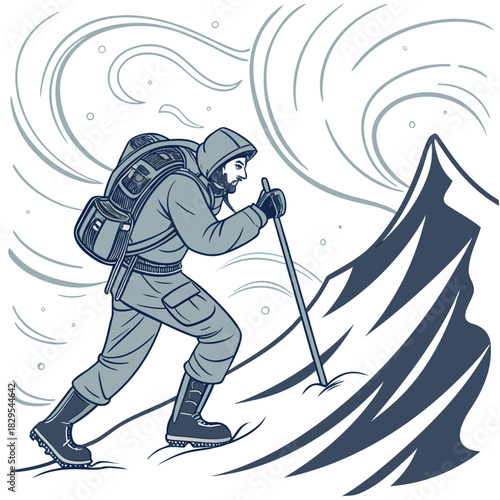 Mountaineer braves a fierce blizzard, battling snow and wind.