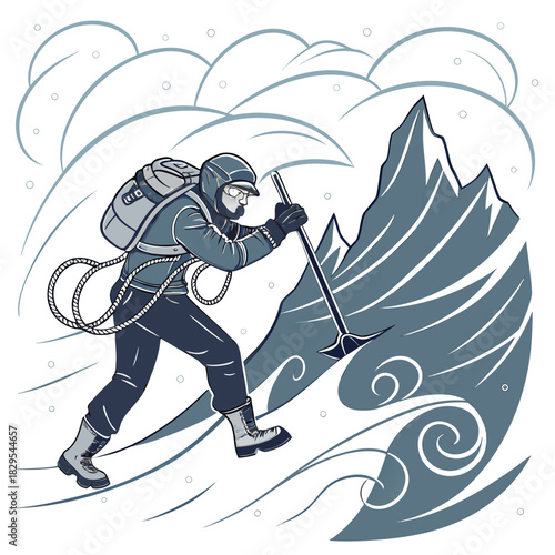 Mountaineer braves a fierce blizzard, battling snow and wind.