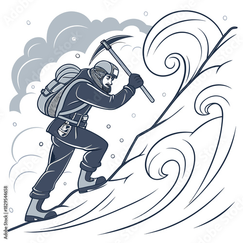 Mountaineer braves a fierce blizzard, battling snow and wind.