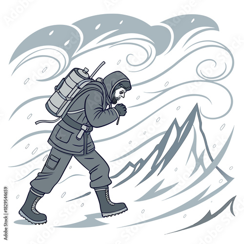 Mountaineer braves a fierce blizzard, battling snow and wind.