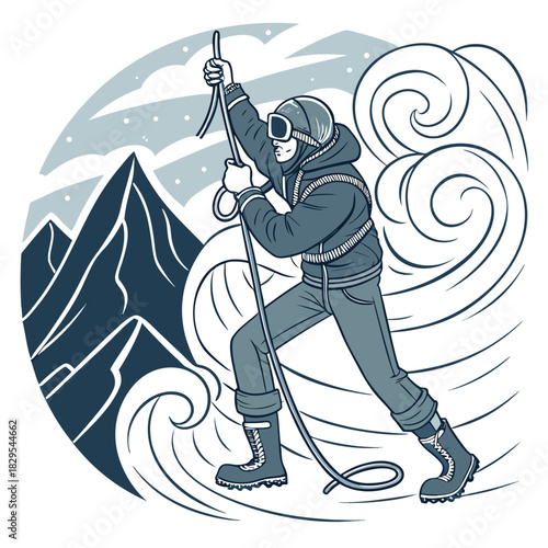 Mountaineer braves a fierce blizzard, battling snow and wind.