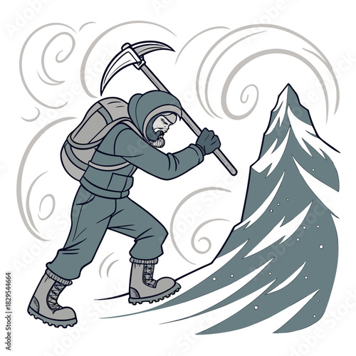 Mountaineer braves a fierce blizzard, battling snow and wind.