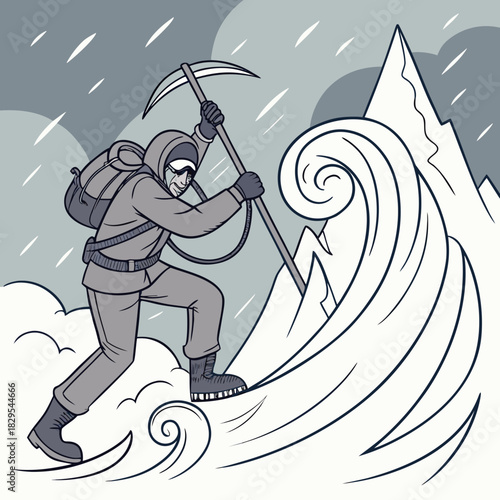 Mountaineer braves a fierce blizzard, battling snow and wind.