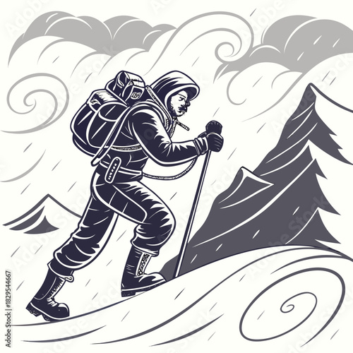 Mountaineer braves a fierce blizzard, battling snow and wind.