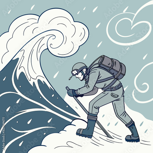 Mountaineer braves a fierce blizzard, battling snow and wind.