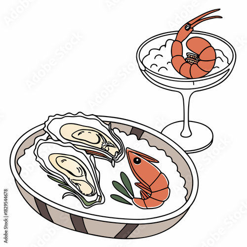 A sophisticated vector illustration of fine dining seafood, featuring exquisite oysters and glistening