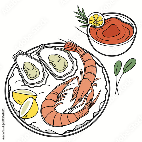 A sophisticated vector illustration of fine dining seafood, featuring exquisite oysters and glistening