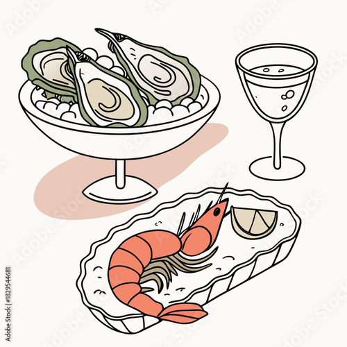 A sophisticated vector illustration of fine dining seafood, featuring exquisite oysters and glistening