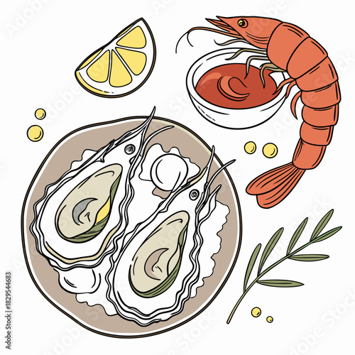 A sophisticated vector illustration of fine dining seafood, featuring exquisite oysters and glistening