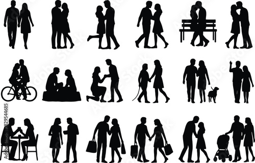 Vector silhouettes of business people, a group of walking men, and fashion models in various poses