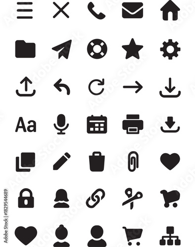 a collection of diverse black vector icons representing common functions and symbols ideal for ui design on transparent background silhouette high quality professional detailed modern elegant