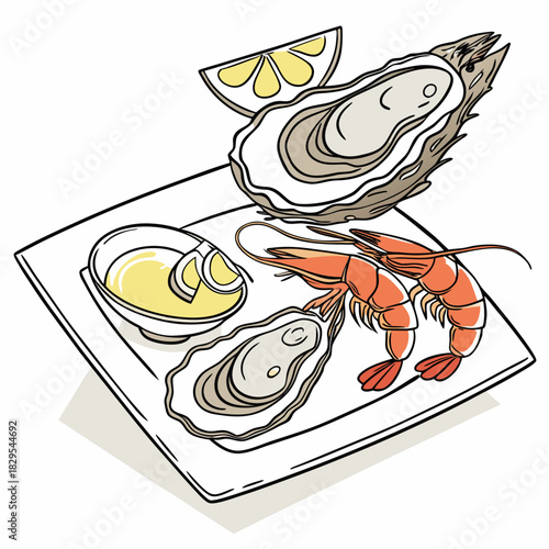 A sophisticated vector illustration of fine dining seafood, featuring exquisite oysters and glistening