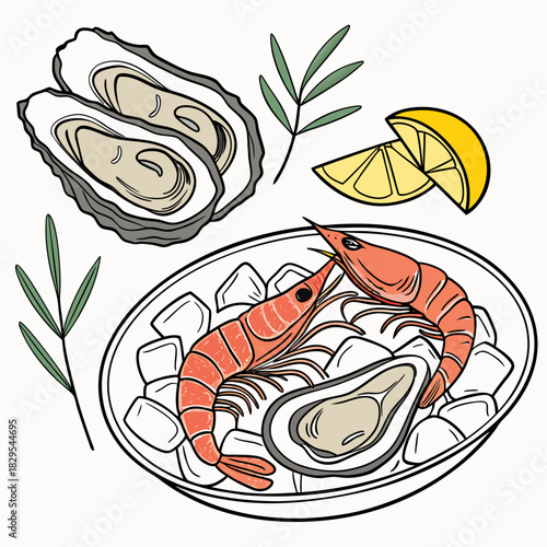 A sophisticated vector illustration of fine dining seafood, featuring exquisite oysters and glistening