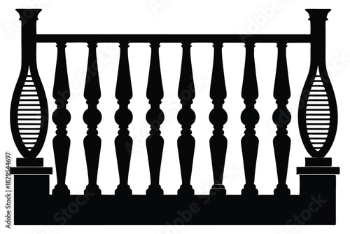 Black and white railing silhouette displays ornate balusters with decorative side post details on a deck