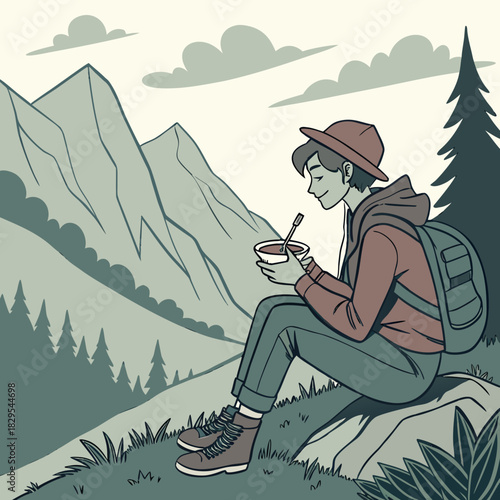 A lone vector traveler enjoys a rice bowl amidst a scenic mountain landscape.