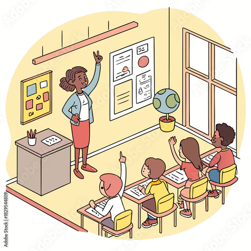 Diverse classroom with engaged teacher and students