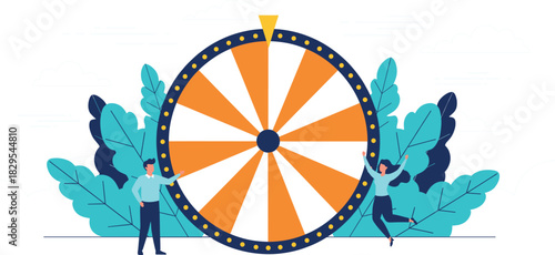 Lucky spin wheel illustration with celebrating people concept for reward, prize game, lottery and bonus campaign