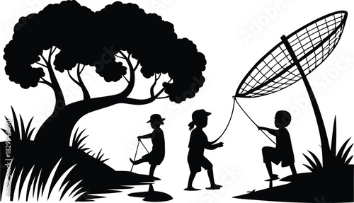 A romantic silhouette of a loving couple walking through a summer beach landscape under a black sky with birds and nature elements