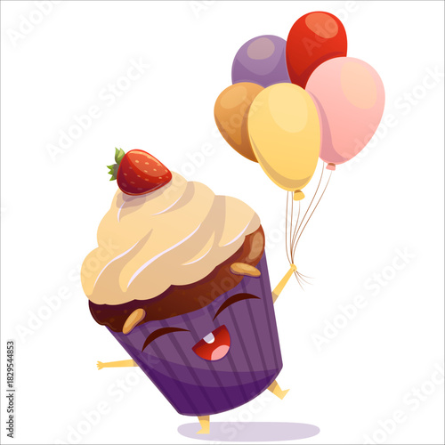 Vector illustration of a cheerful cake holding balloons. Cake, character, holiday, vector, joy, fun, balloons, birthday