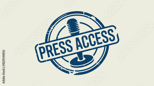 A blue press access stamp with a microphone in the center on a white background illustration image