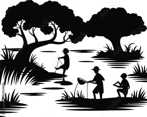 Family silhouette walking on the beach at sunset with a child, palm tree, and dog enjoying the sea, sky, and summer nature