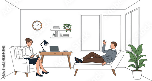 Psychotherapy session illustration with patient talking to therapist in modern office interior, counseling and mental health concept