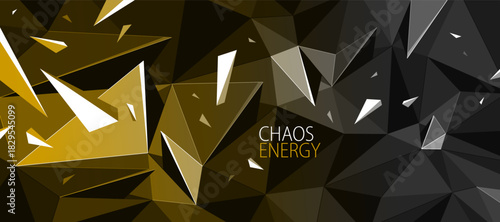 Low poly surface with geometric particles in motion, 3D polygonal vector abstract background with dynamic chaos of flying debris, science and technology.